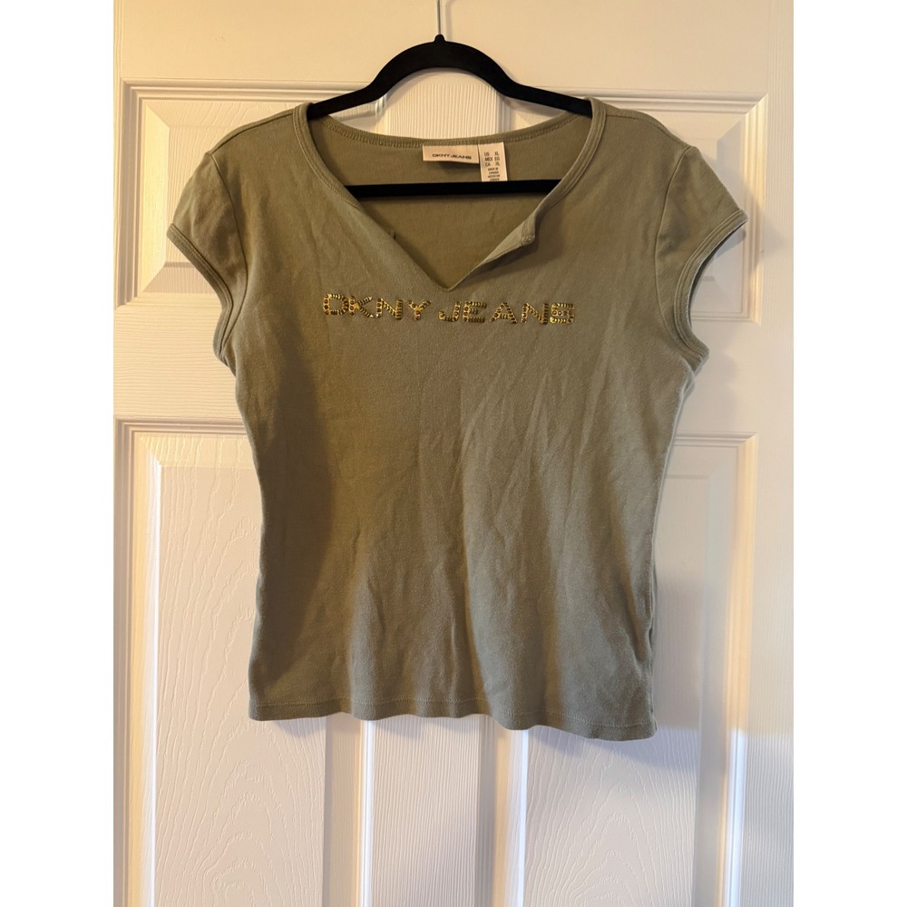DKNY Jeans Top Womens XL Green Short Sleeve V-Neck Studded Logo Cotton Tee